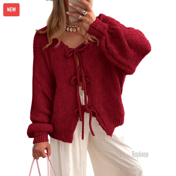 Chunky Cable Knit Cardigan Sweater Tie Front Bow Puff Sleeve Oversized Chic